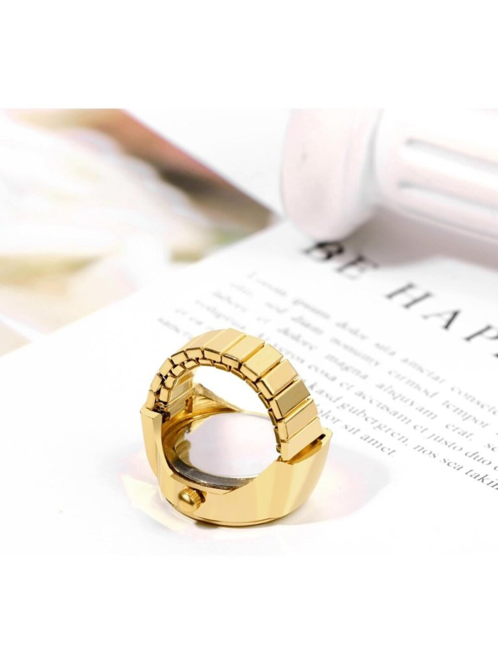 Unisex All Gold Analog Quartz Plated Elastic Butterfly Simple Finger Ring Watch - Picture 5 of 6